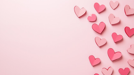 Paper cutout hearts scattered on solid pink background, simple flat lay, modern minimalist Valentine&rsquo;s Day banner with copy space.