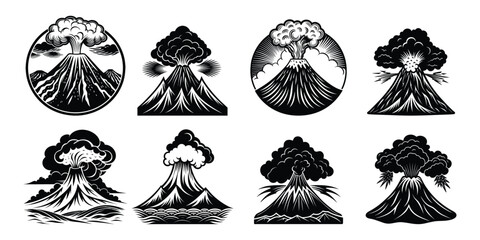 Set of black volcano hand drawn vector illustrations and sketches of Christmas trees and mountain nature symbols © Tanjir