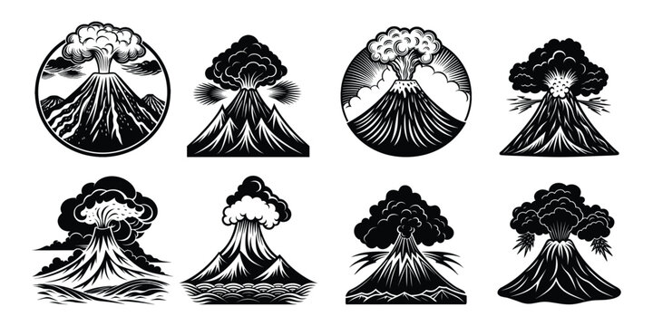 Set of black volcano hand drawn vector illustrations and sketches of Christmas trees and mountain nature symbols