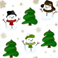 Seamless pattern. Winter, New Year, Christmas. Snowmen, Christmas trees and snowflakes. For printing, fabrics and festive decoration.