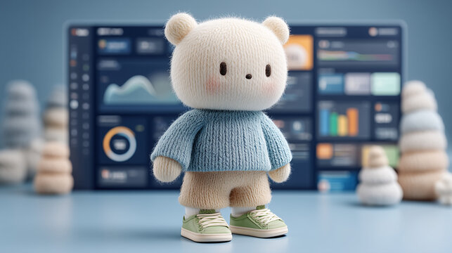 teddy bear dressed in cozy sweater and stylish sneakers, white and gray color palette, soft textures, playful bokeh background,
