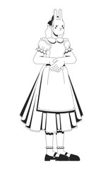 Blonde bunny girl maid in frilly dress and apron 2D line character. Fantasy costume young woman rabbit standing modestly isolated vector ink outline person. Monochromatic spot illustration