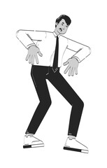 Nervous indian businessman in awkward pose doodle linear character. South asian man with tense uneasy expression 2D vector outline person isolated. Hand drawn drawing illustration monochrome