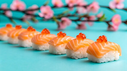Delicious salmon nigiri sushi with ikura roe garnishes on a vibrant teal background with cherry blossoms
