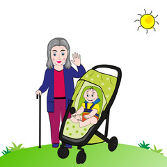 Abuela y nieto en cochecito.