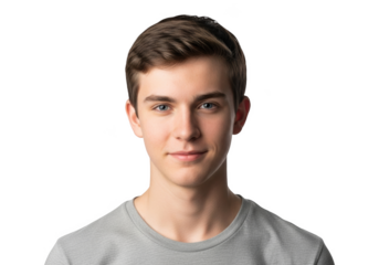 A young man with short brown hair and blue eyes, wearing a simple gray shirt, boy, face, gray, man, portrait, pose, shirt, smile, stare 