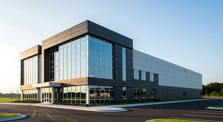 Obraz premium Modern commercial building with glass facade and clean lines under a blue sky