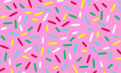 Seamless rainbow sprinkles pattern on a pink strawberry cream background. Ideal for fun, sweet, and vibrant design themes such as packaging, branding, or digital backgrounds.