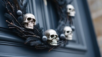 A gothic wreath with silver skulls hanging on a dark door. Macabre halloween or alternative christmas holiday decoration