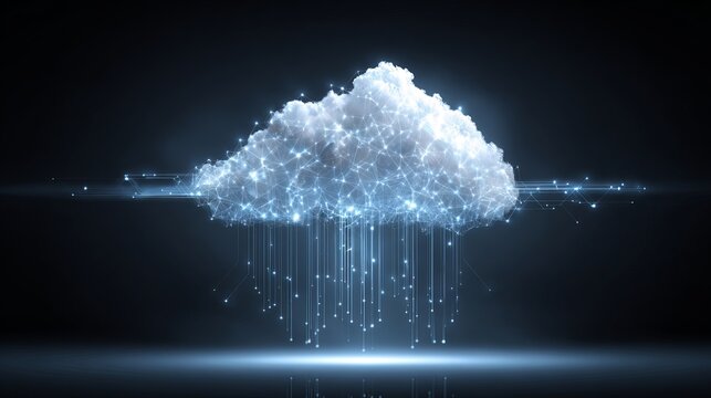 Modern digital cloud network with glowing data streams, perfect for illustrating innovative technology and advanced connectivity solutions for business success