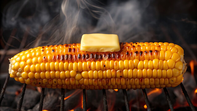 Delicious grilled corn on the cob with melting butter and steam rising on a barbecue grill - Powered by Adobe
