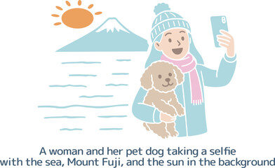海と富士山と太陽を背景にして自撮りをしている女性とペットの犬、
A woman and her pet dog taking a selfie with the sea, Mount Fuji, and the sun in the background
