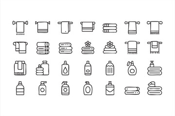 Minimal bathroom towel and toiletry icon set for home and spa design