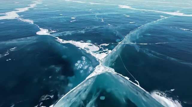 Frozen lake scene with unique melting iceberg pattern featuring bubbles rising to the top, capturing the fleeting nature of transformation and impermanence, perfect for commercial use cases such.