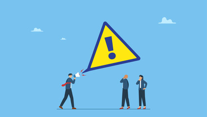 Businessman shouting on megaphone with exclamation sign. Shouting warning message, caution or alert attention, safety or danger announcement, risk or important information, beware or careful sign.