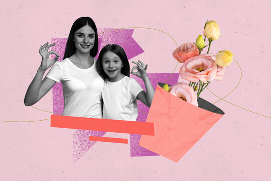 Full pop image banner 3d photo collage of two happy girl guy dance together eustoma flower spring holiday valentine day event