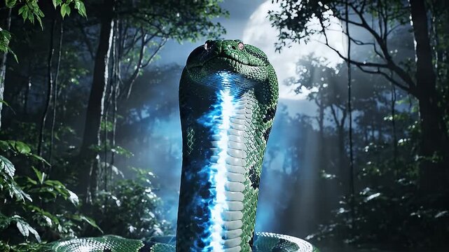 A large green snake resting on the forest floor under the moonlight with rays of light filtering through the trees in a dense jungle scene
