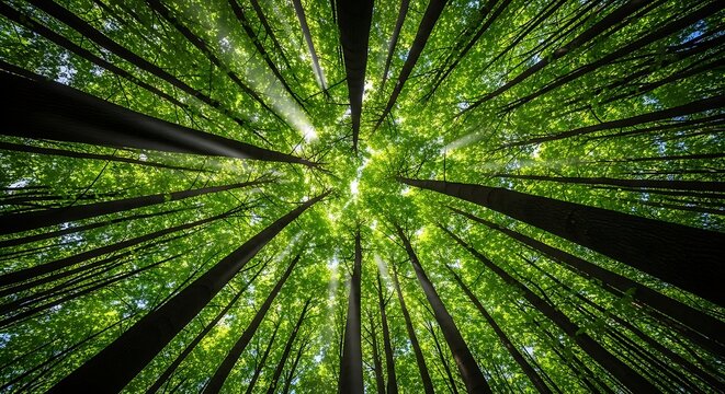 Looking upward through dense green forest canopy with sunlight