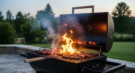 Grilling Meats with Flames on a Charcoal Grill at Dusk.