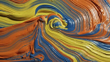 Painting of vibrant orange and blue hues, featuring skillful cake decoration with unique toppings, juxtaposed against swirling paint colors and an abstract womans portrait.