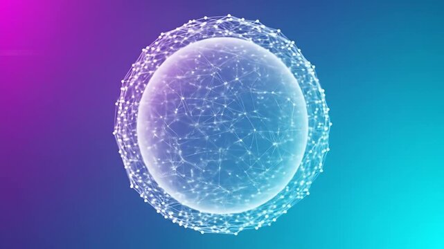 Futuristic digital sphere with a glowing plexus network representing global data connections and artificial intelligence on a gradient background