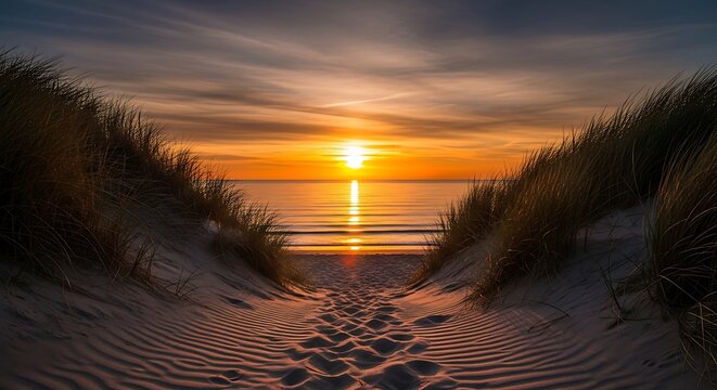 Path to the beach at sunset through sand dunes with footprints