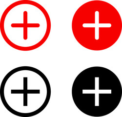 Obraz premium Plus add icon set. Positive sign. Horizontal line with vertical bar, plus symbol inside circle outline and solid for add actions, increase functions, quantity adjustment, interface controls.