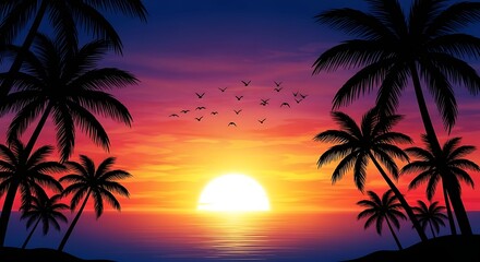 Tropical sunset over ocean with palm trees and birds silhouette