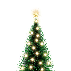Evergreen tree with snow covered top on transparent background vectors. Christmas tree with decoration lights and shining star.