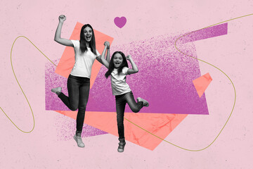 Composite sketch image design trend artwork collage of heart shape print portrait young woman mommy calm hugs girl school age family
