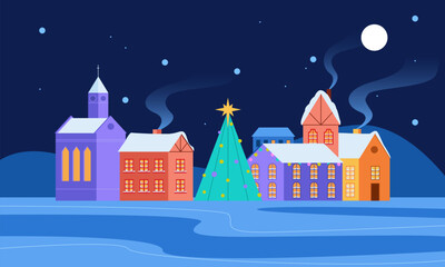 Cozy Christmas Town. City Landscape with Christmas Tree, Houses and Church. Winter Background. Vector Illustration in Flat Style.