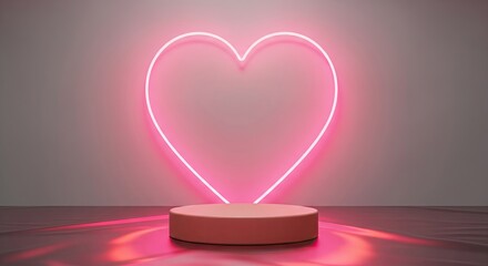 3D render of a pink neon heart frame above a minimalist cylindrical podium, ideal for Valentine's Day product display
