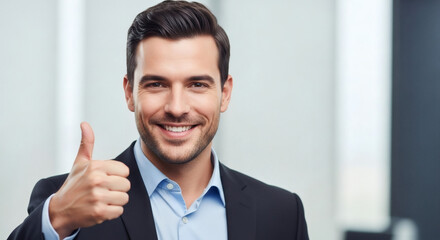 Confident young entrepreneur giving thumbs up for success in modern business, happy with achievement and smiling, portrays positive attitude and satisfaction