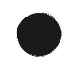 Black ink brush circle PNG, hand-drawn round paint blob, grunge charcoal stain with rough textured border, abstract spot isolated on transparent background.