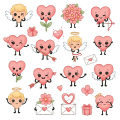 Kawaii Valentine's Day Heart and Cupid Character Clipart Set