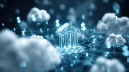 Digital banking innovation with cloud technology, showing a modern bank building and dollar currency symbols floating above the clouds for finance solutions