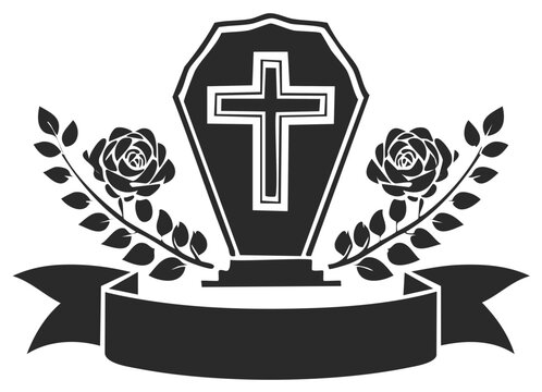 Funeral Announcement Design with Christian Cross Coffin Roses and Ribbon