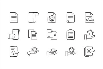 Legal document and contract icon set for business, property and vehicle agreements