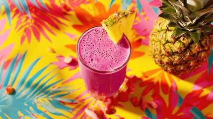 Vibrant pink smoothie with pineapple on a colorful tropical background
