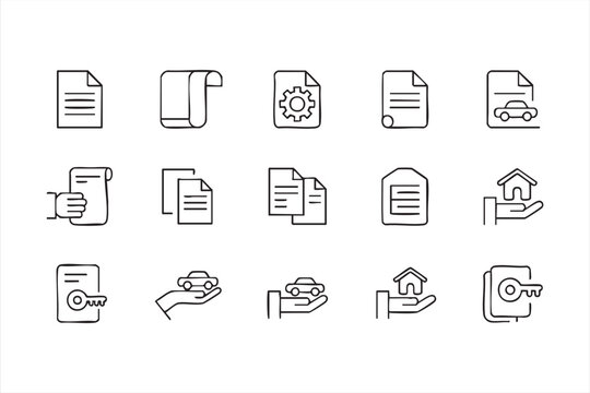 Legal document and contract icon set for business, property and vehicle agreements