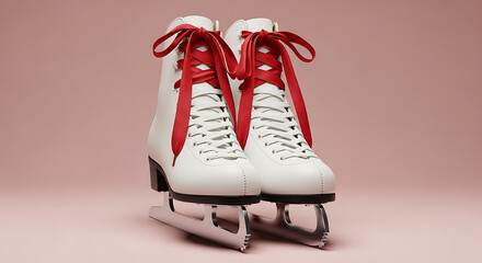 A Detailed Pair of Ice Skates Laced Together with a Red Bow on a Solid Dusty Pink Background
