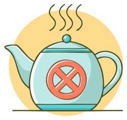Fototapeta premium Cartoon teapot with steam and prohibition symbol. Concept of hot beverages restrictions.