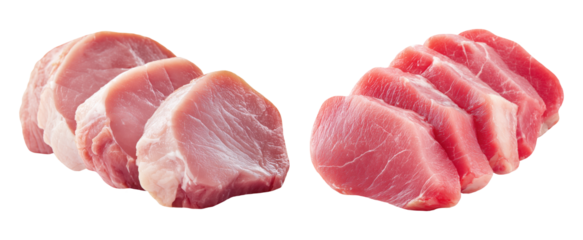 Set of fresh raw meat cuts, thick-cut pork tenderloin, isolated on transparent background. Fresh meat for cooking, food preparation, and advertisement.