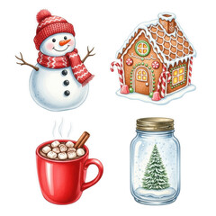 Charming watercolor set of a snowman, gingerbread house, hot chocolate, and a snow globe isolated on a transparent background. Cozy christmas greeting card concept