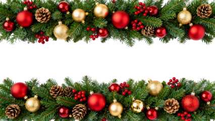 Festive holiday garland with red and gold ornaments and pine cones on green evergreens