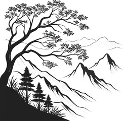 Stylized tree and mountain range silhouette with grass and pine trees in foreground