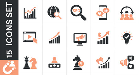 A set of marketing and SEO icons. Business growth and marketing strategy icons. Including business 
growth, marketing, SEO, strategy, and success