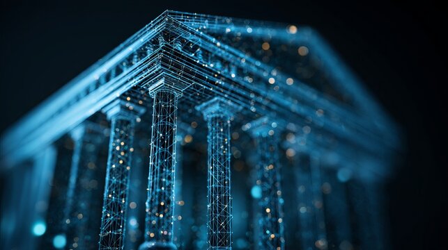 Stunning digital courthouse with glowing wireframe design for innovative legal technology solutions and modern financial services branding projects