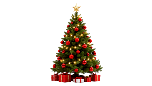 Decorated Christmas tree with lights and presents under its branches during festive season