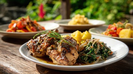 Roasted chicken meal served with sides in an outdoor setting